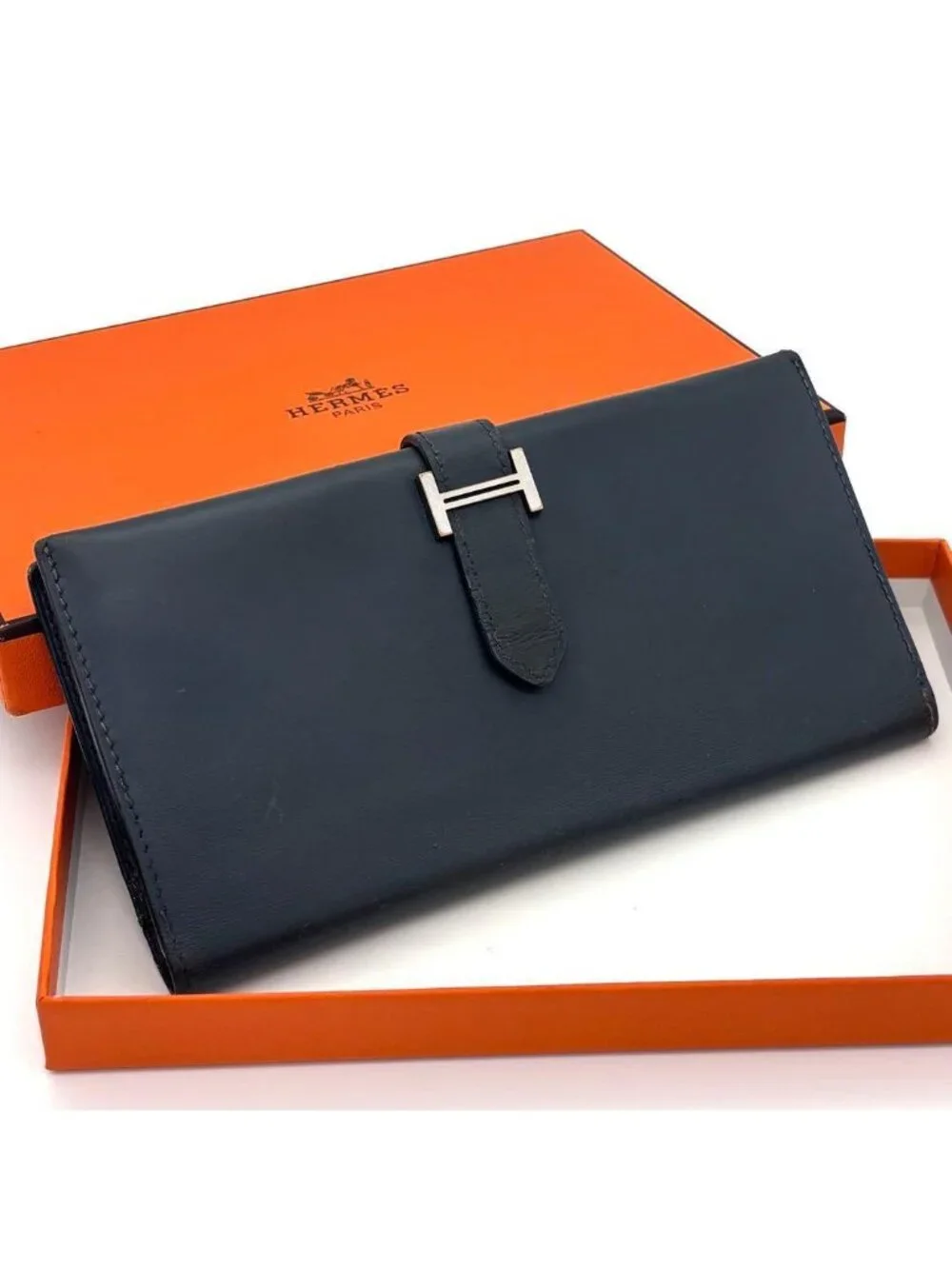 Hermes Bearn Classic Box Calf Navy Wallet Bifold